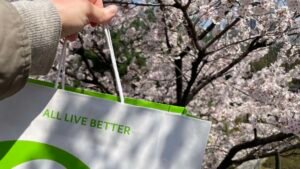 olive young shopping bag against cherry blossoms in spring seoul