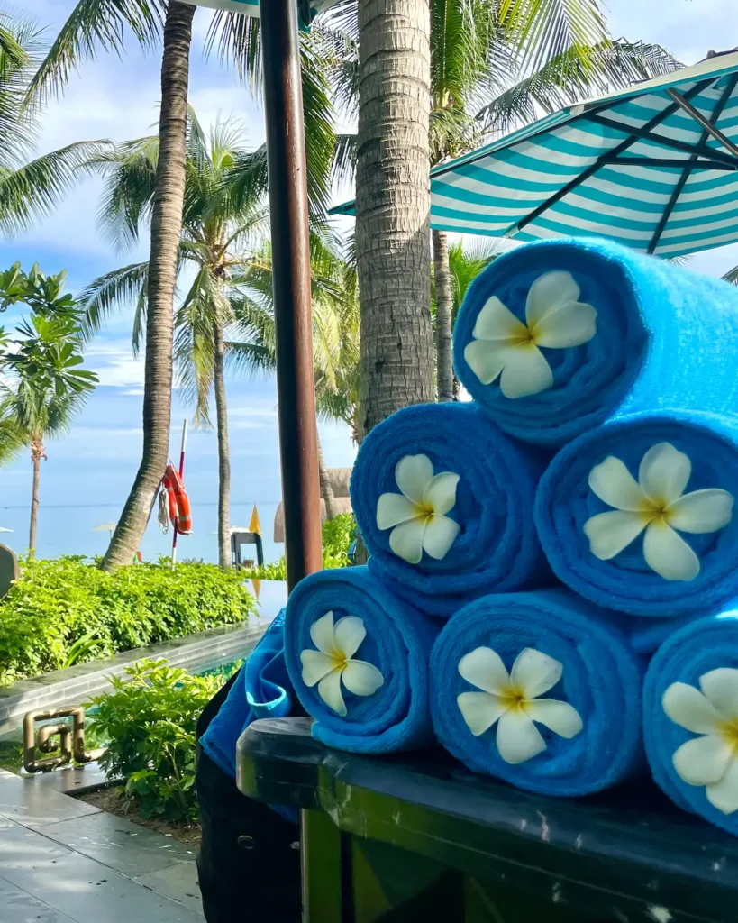 A Return to InterContinental Danang Sun Peninsula Resort pool towels at InterContinental Danang Sun Peninsula Resort garden pool